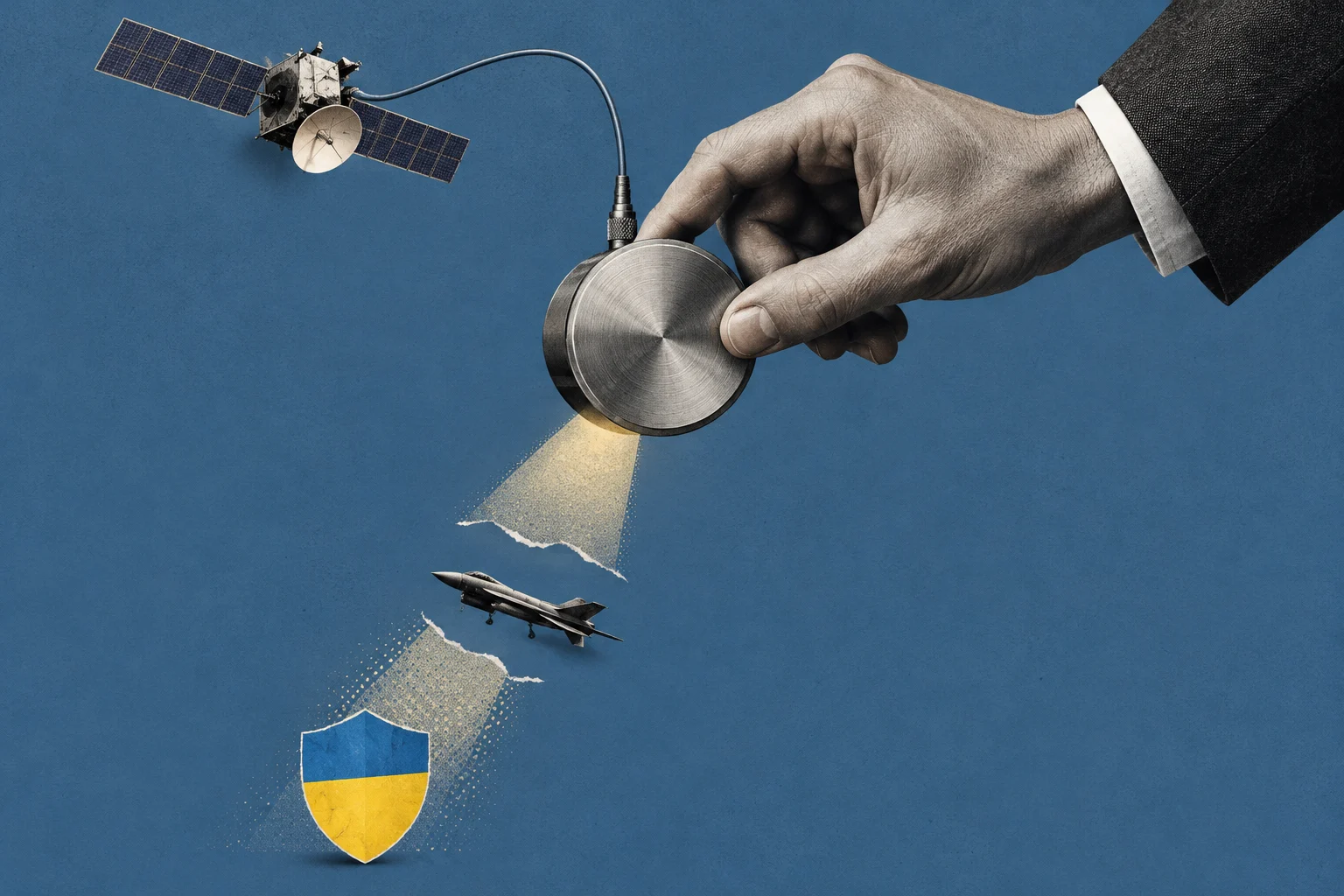 A suited hand holds a satellite-connected metal device projecting a broken yellow beam past a fighter jet toward a shield in Ukraine’s colors.