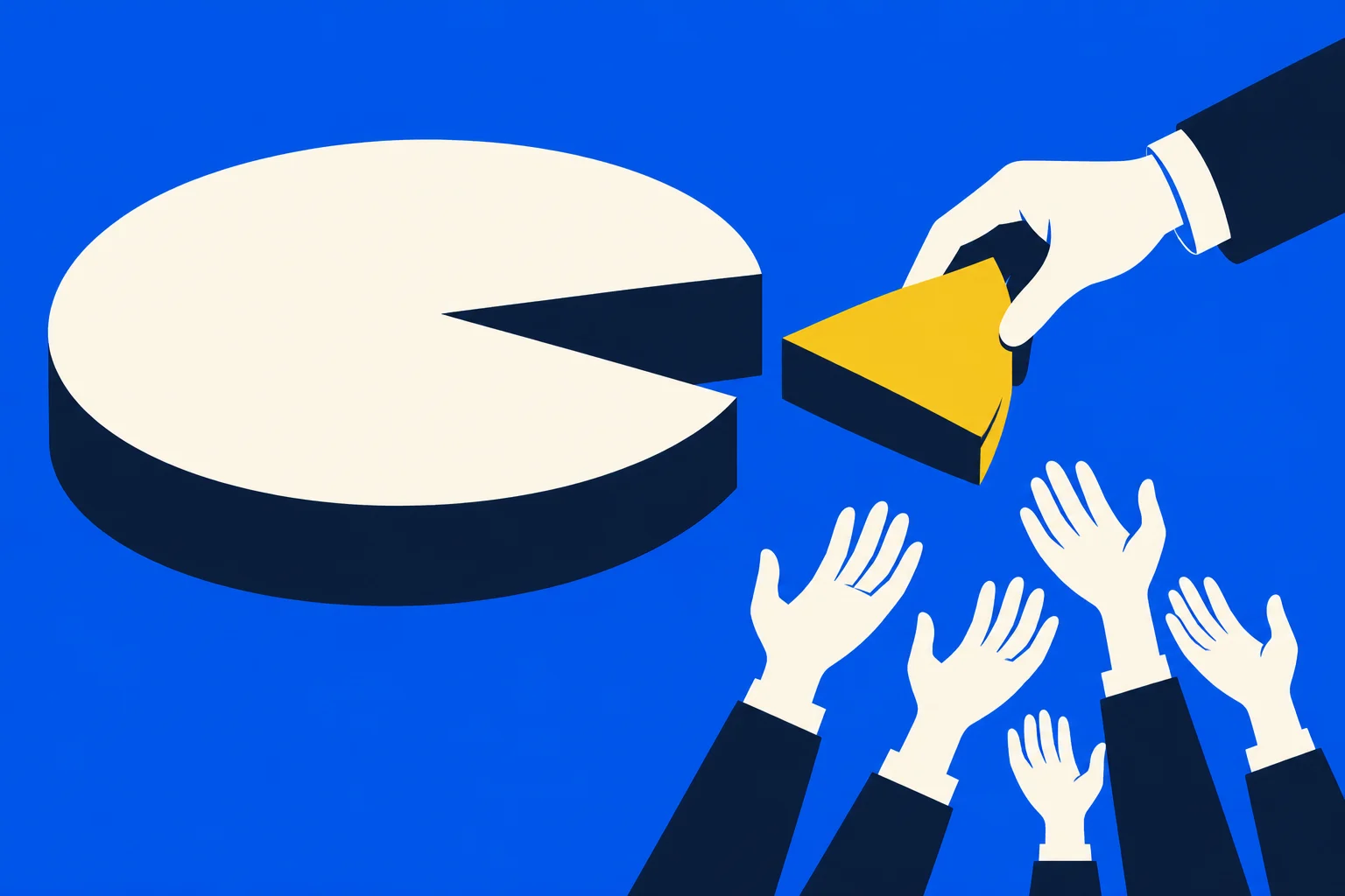 A suited hand holds a yellow slice removed from a large pie chart while several outstretched hands reach toward it against a blue background.