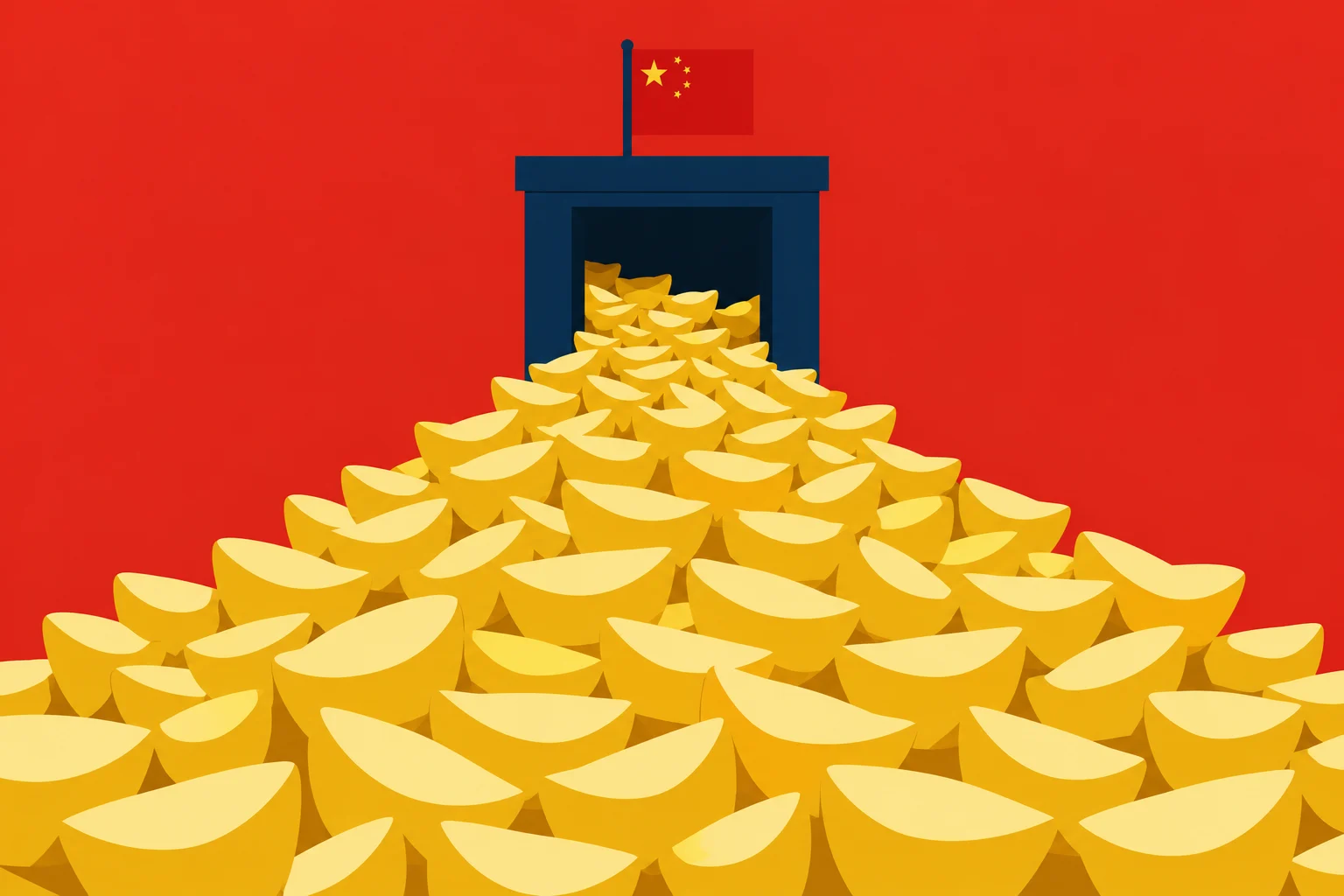 Gold ingots cascade from a dark blue structure topped with a Chinese flag against a bright red background.