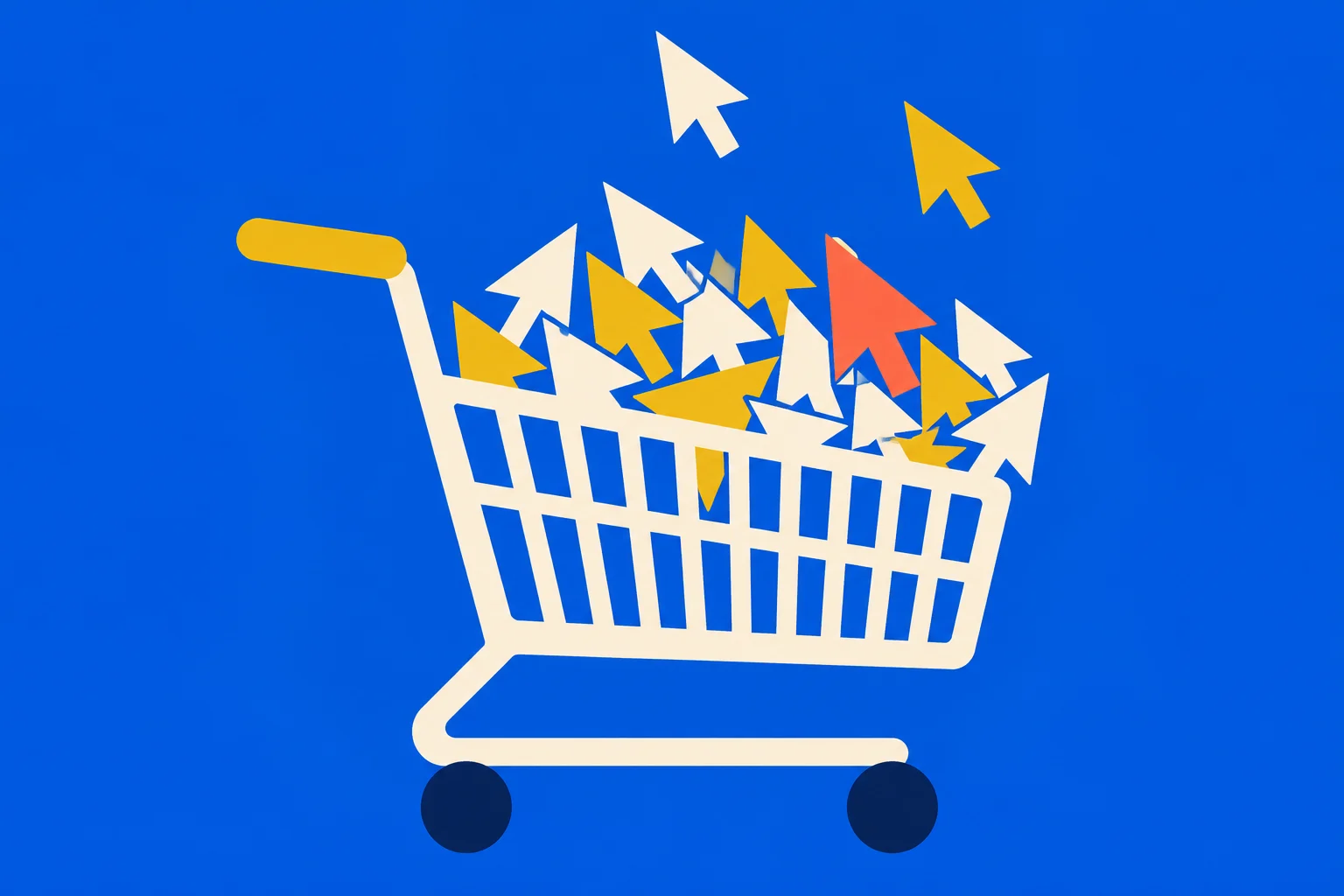 A cream shopping cart filled with white, yellow, and orange cursor arrows sits against a bright blue background, with several arrows floating above.