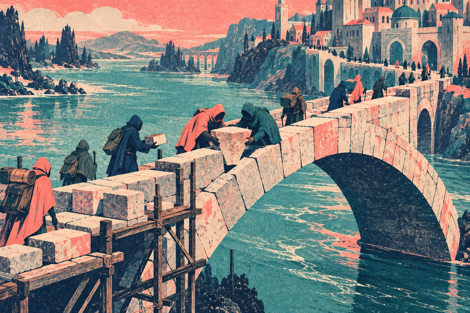 Hooded travelers build and cross a stone arch bridge over turquoise water toward a sprawling medieval city beneath a coral sky.