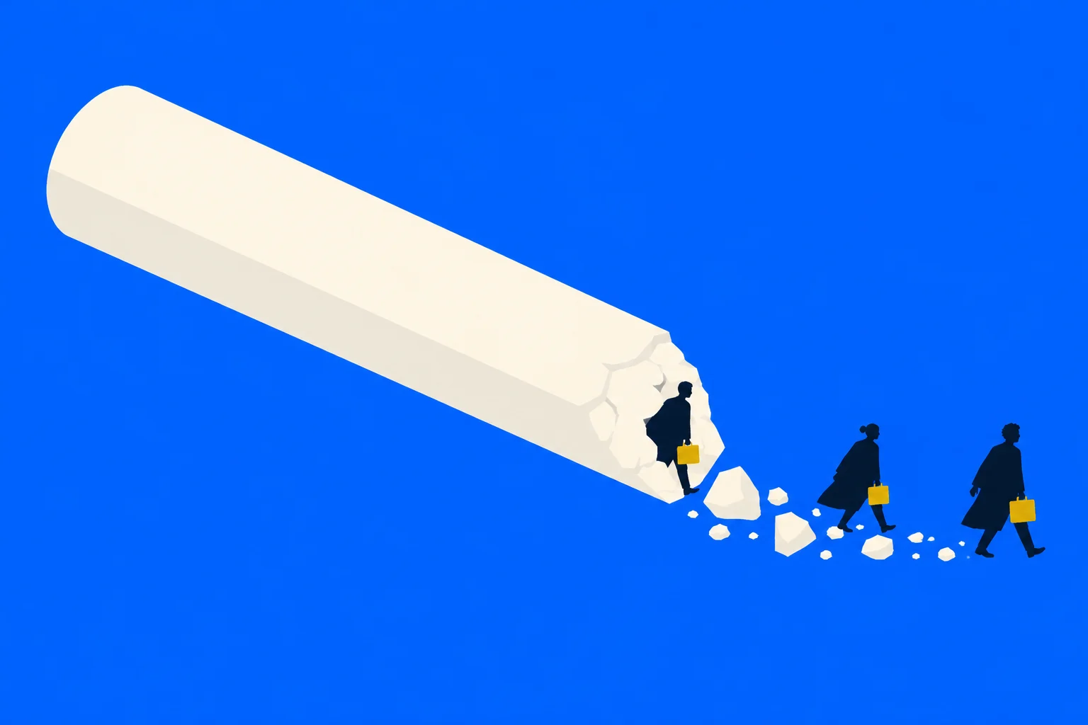 Three dark silhouettes carrying yellow briefcases emerge from a broken cream-colored tunnel and walk across scattered rubble against a bright blue background.