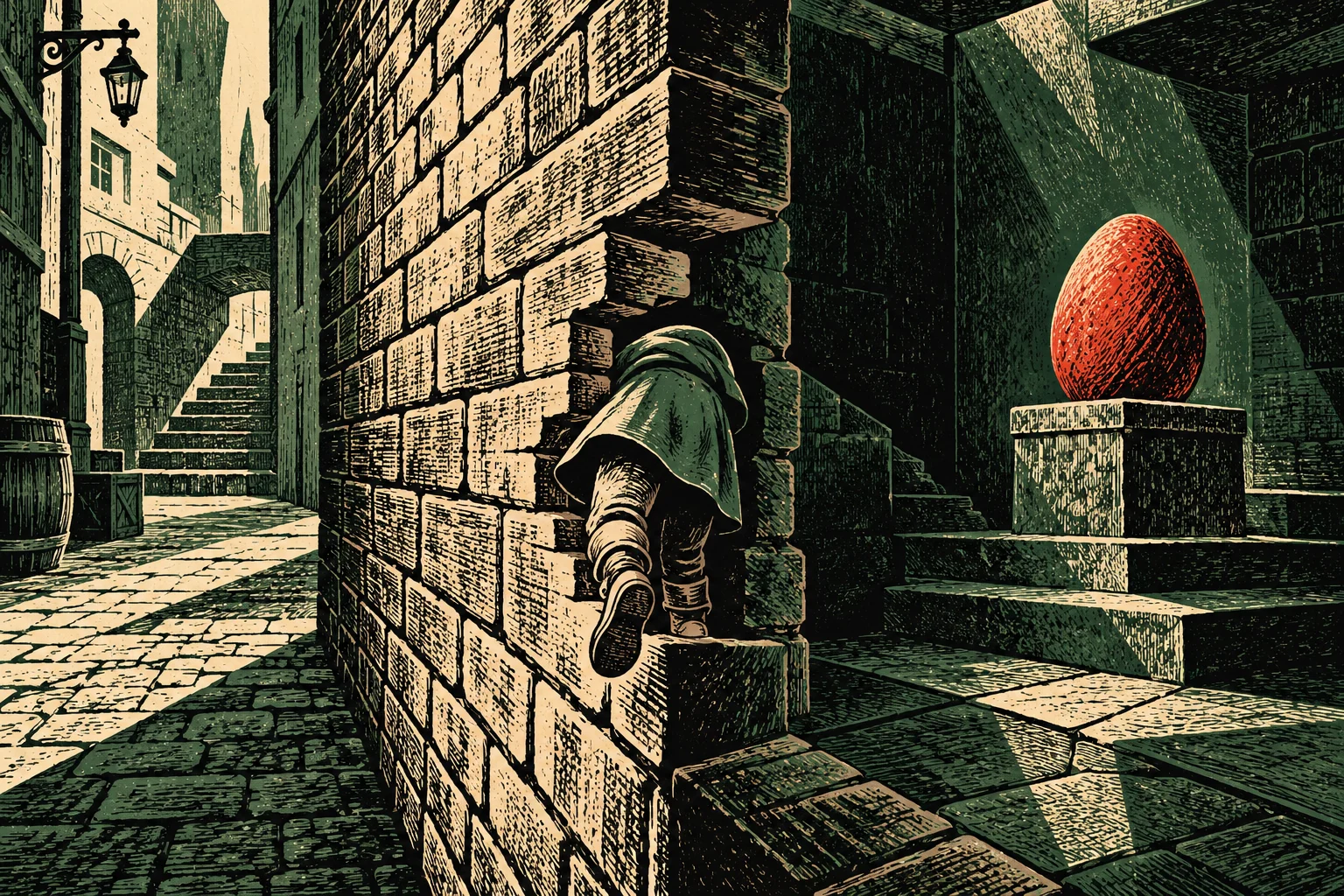 A hooded figure climbs around a stone wall in a shadowy medieval alley toward a glowing red egg on a pedestal beneath a shaft of light.