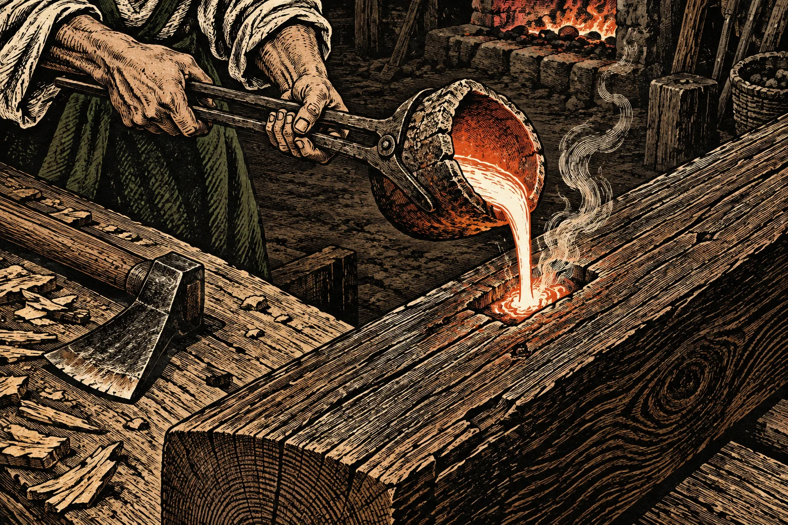 A woodcut-style illustration shows a worker pouring glowing molten metal from a crucible into a cavity in a large timber beside an axe.