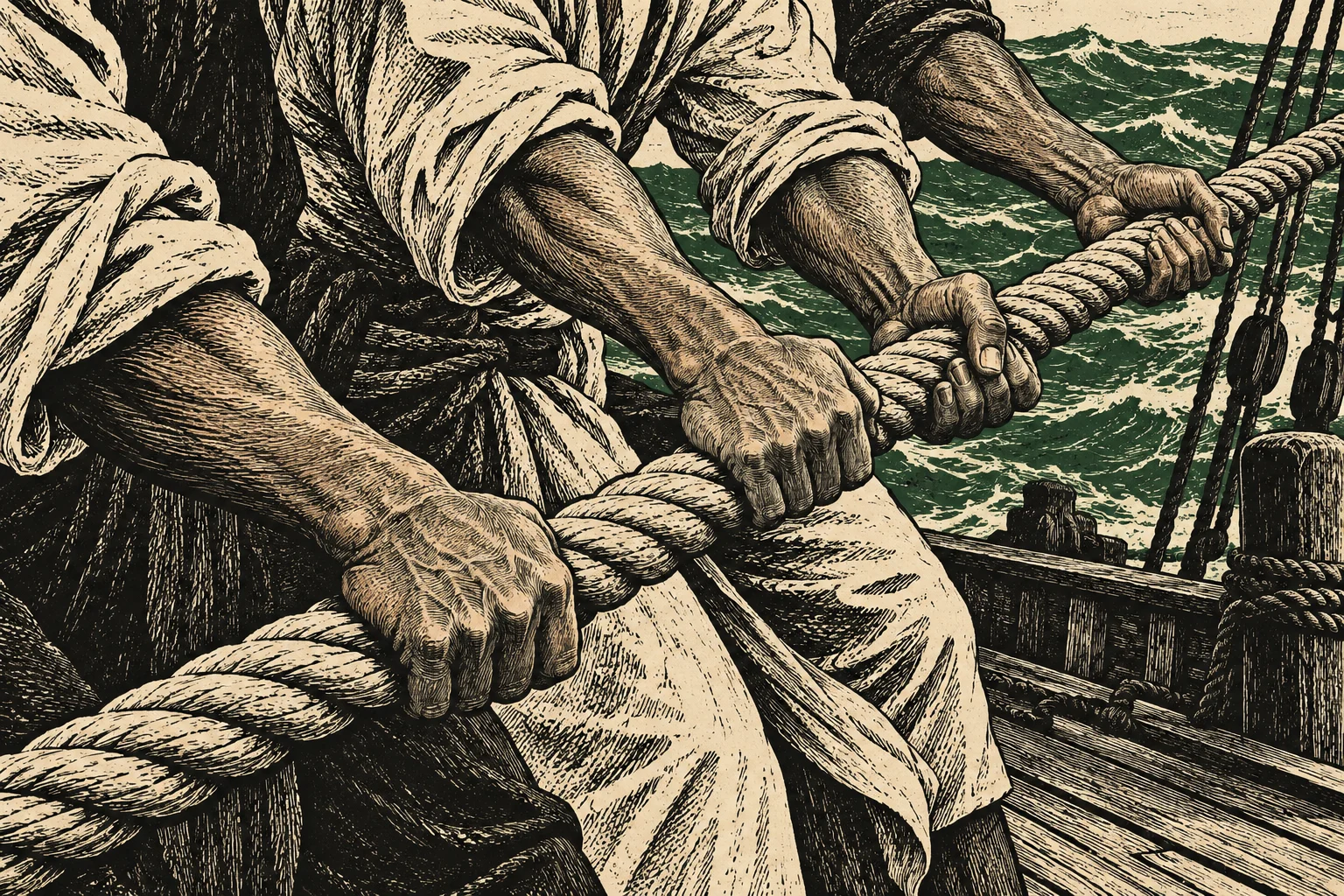 A vintage woodcut depicts sailors’ muscular arms and hands gripping a thick rope aboard a wooden ship on rough green seas.