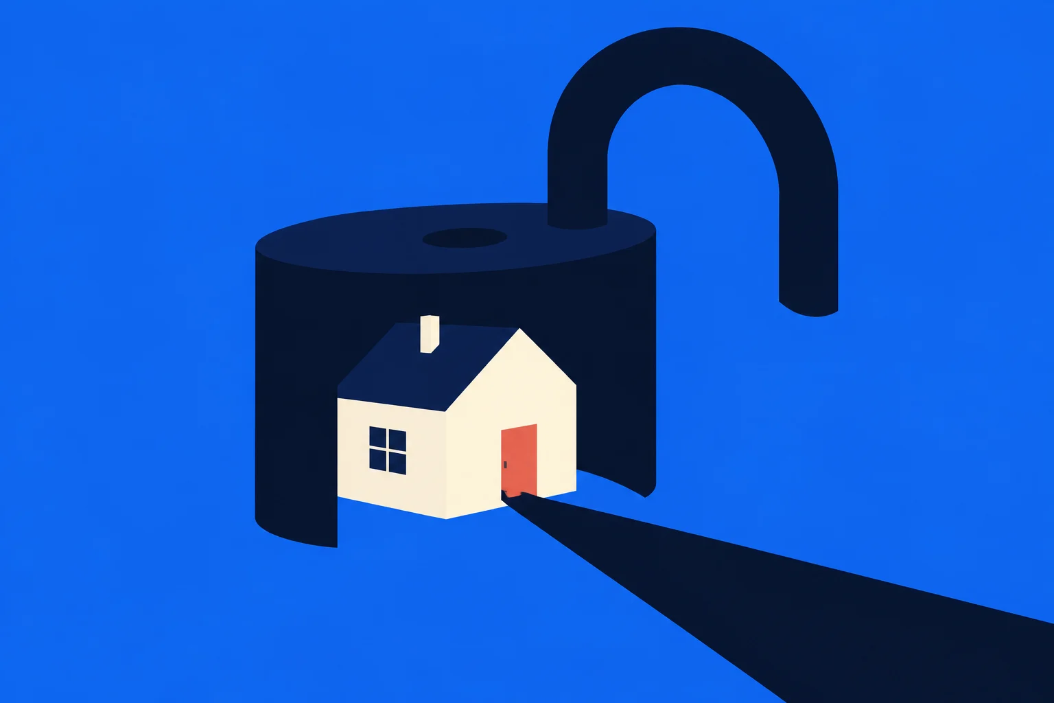 A cream house with a red door sits inside a large open navy padlock on a blue background, with a dark path extending from the doorway.