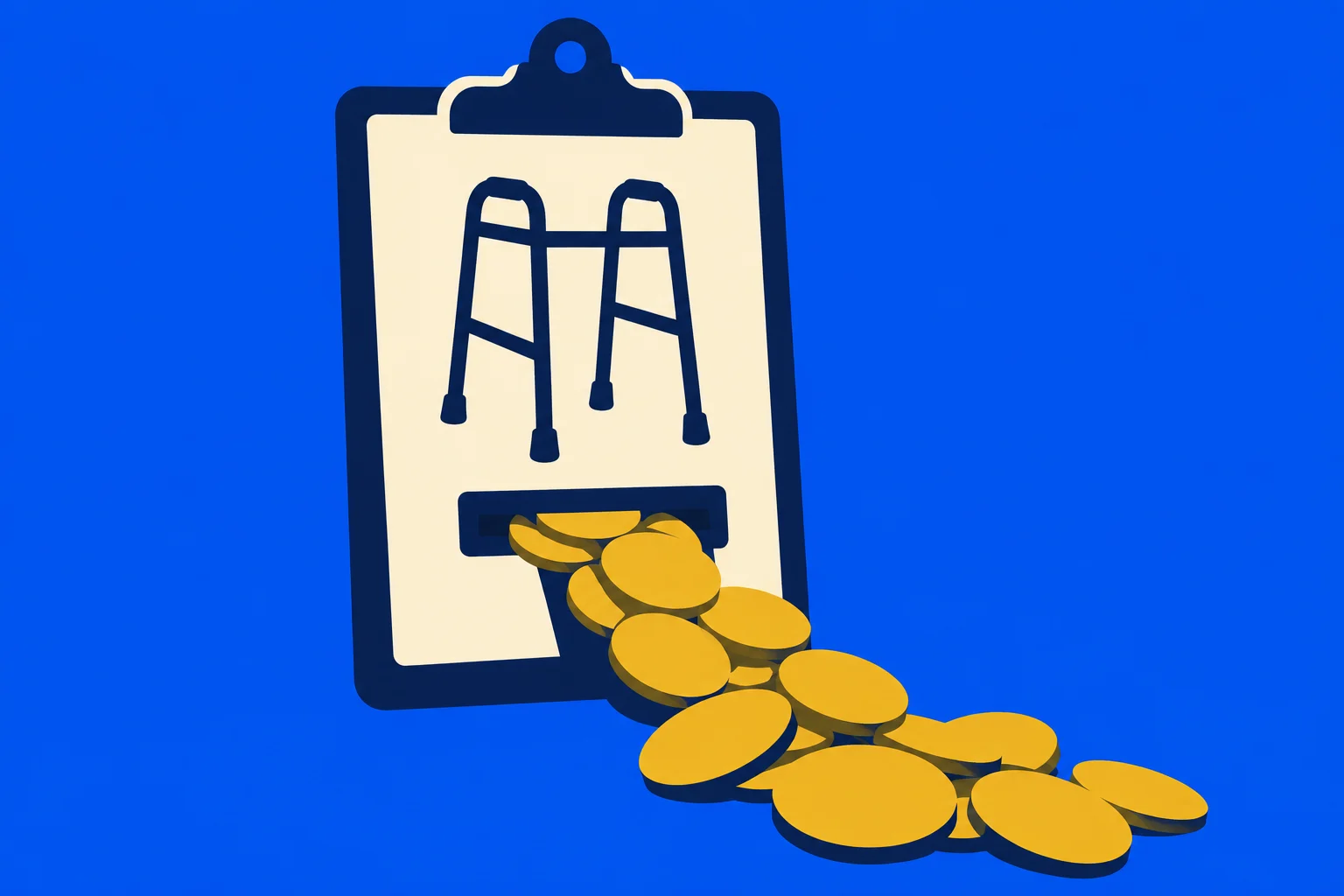 A clipboard displays a walking frame symbol, with gold coins spilling from a slot near the bottom against a bright blue background.