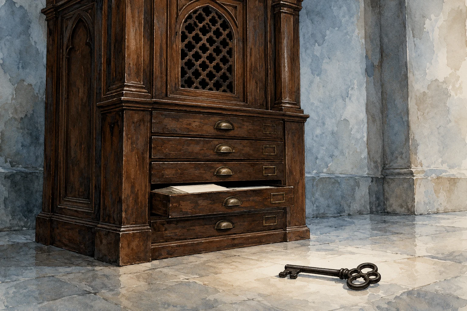 An antique wooden cabinet with one drawer open and papers inside stands on a stone floor, with a large ornate key lying nearby.