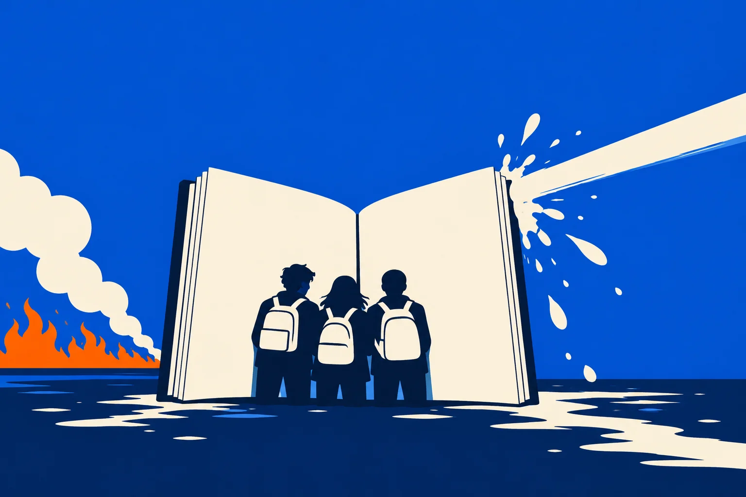 Three students with backpacks stand before a giant open book amid floodwater, with fire and smoke on the left and splashing water on the right.