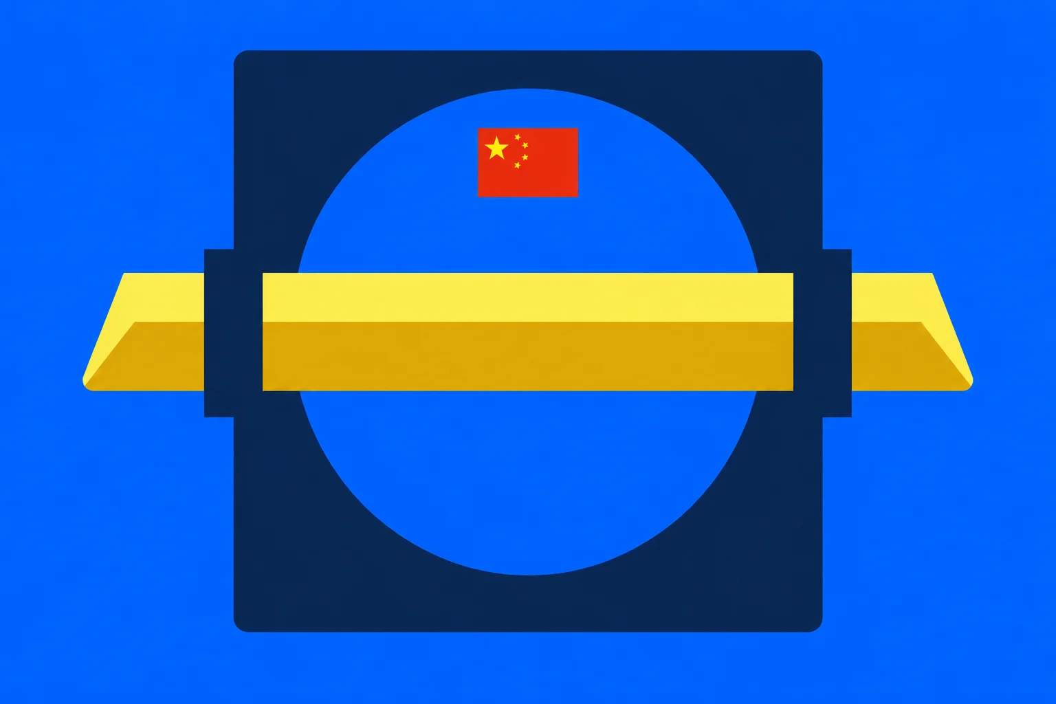A dark navy square frame surrounds a blue circle, with a small Chinese flag above a horizontal yellow and gold bar on a bright blue background.