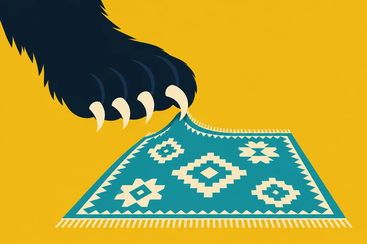 A large dark clawed paw lifts the corner of a turquoise rug with cream geometric patterns and fringe against a yellow background.