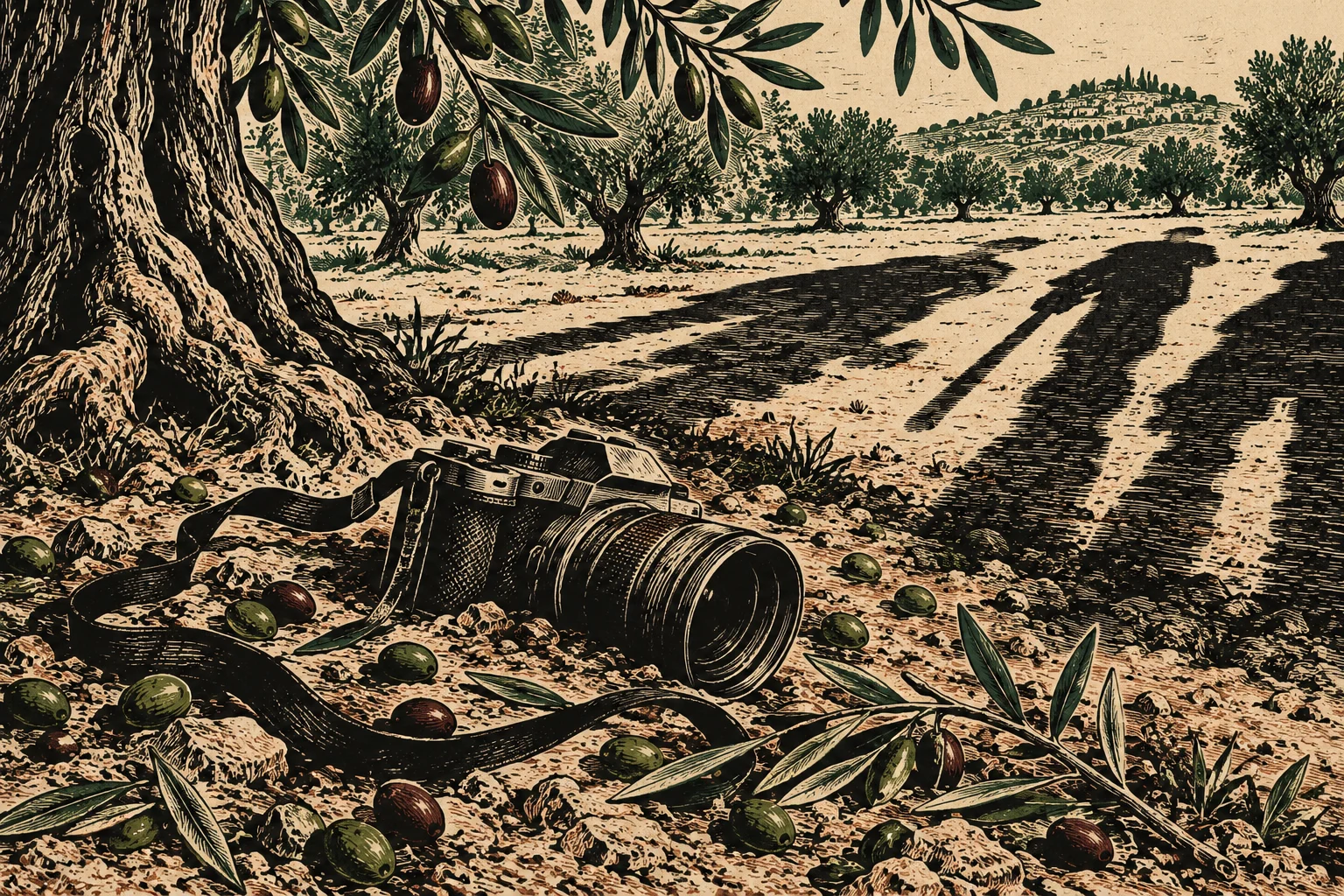 A vintage woodcut-style scene shows a camera and scattered olives beneath an olive tree, with long human shadows stretching across a sunlit grove.