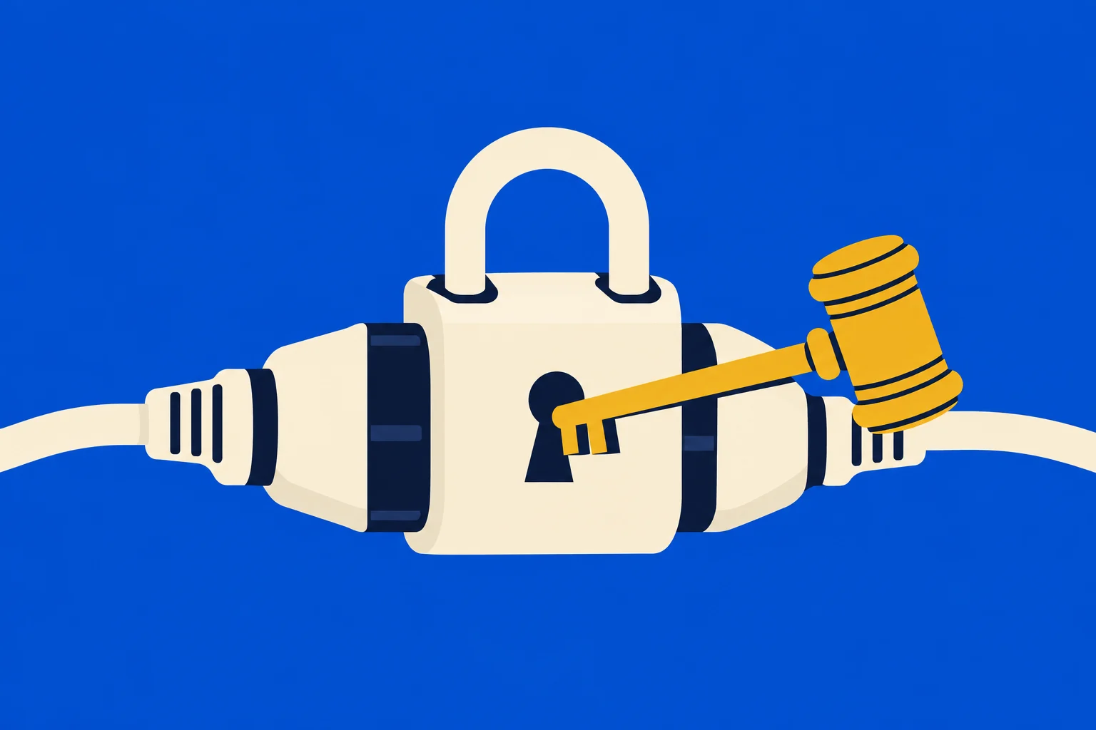 A cream padlock connects two cable ends, with a golden key shaped like a judge’s gavel across it against a blue background.