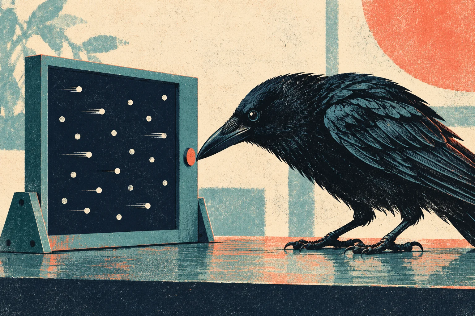 A black raven faces a teal-framed board dotted with cream circles and motion trails, against a textured cream background with an orange sun.