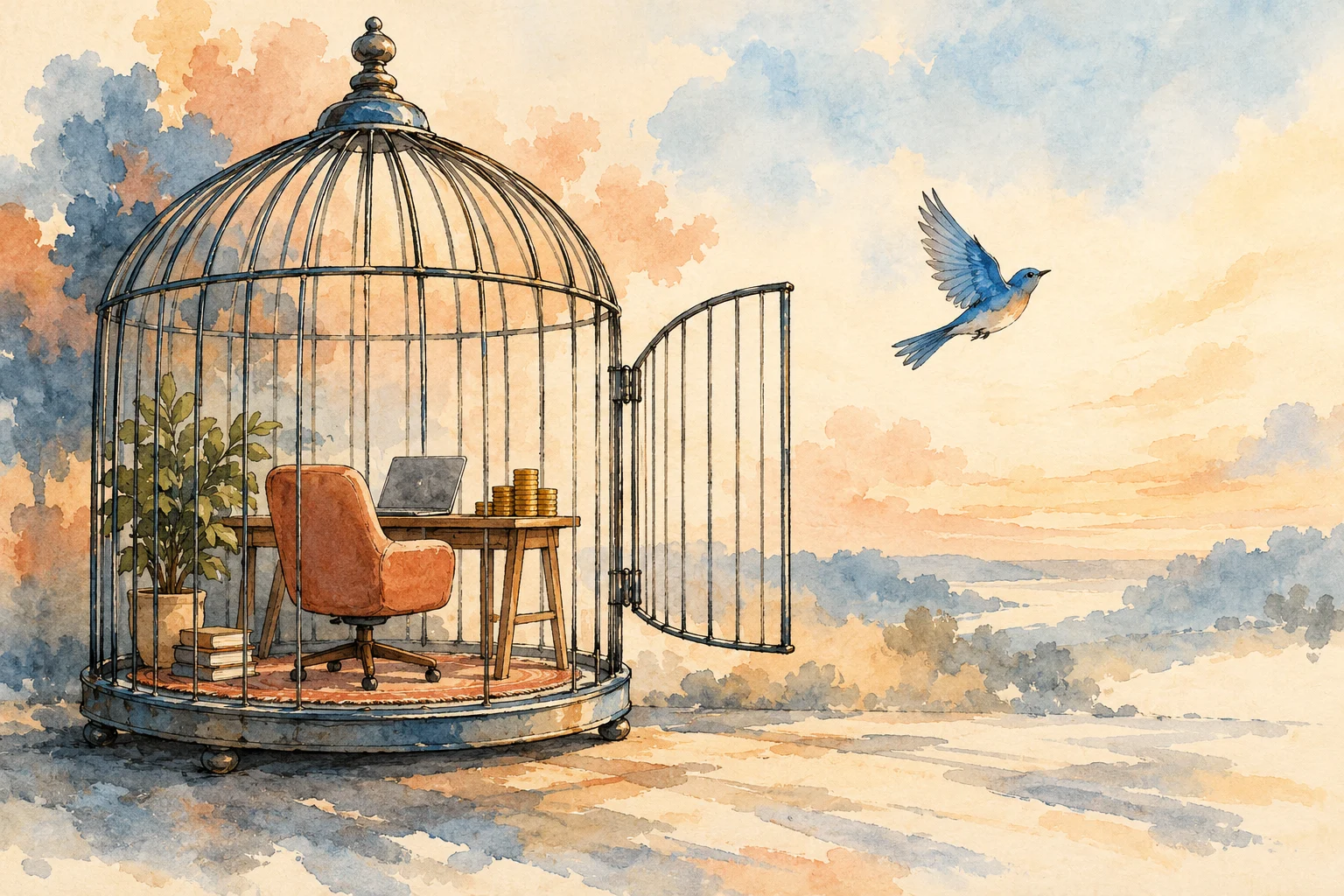 A watercolor shows an open birdcage containing a desk, laptop, coins, chair, plant, and books, while a blue bird flies freely outside.