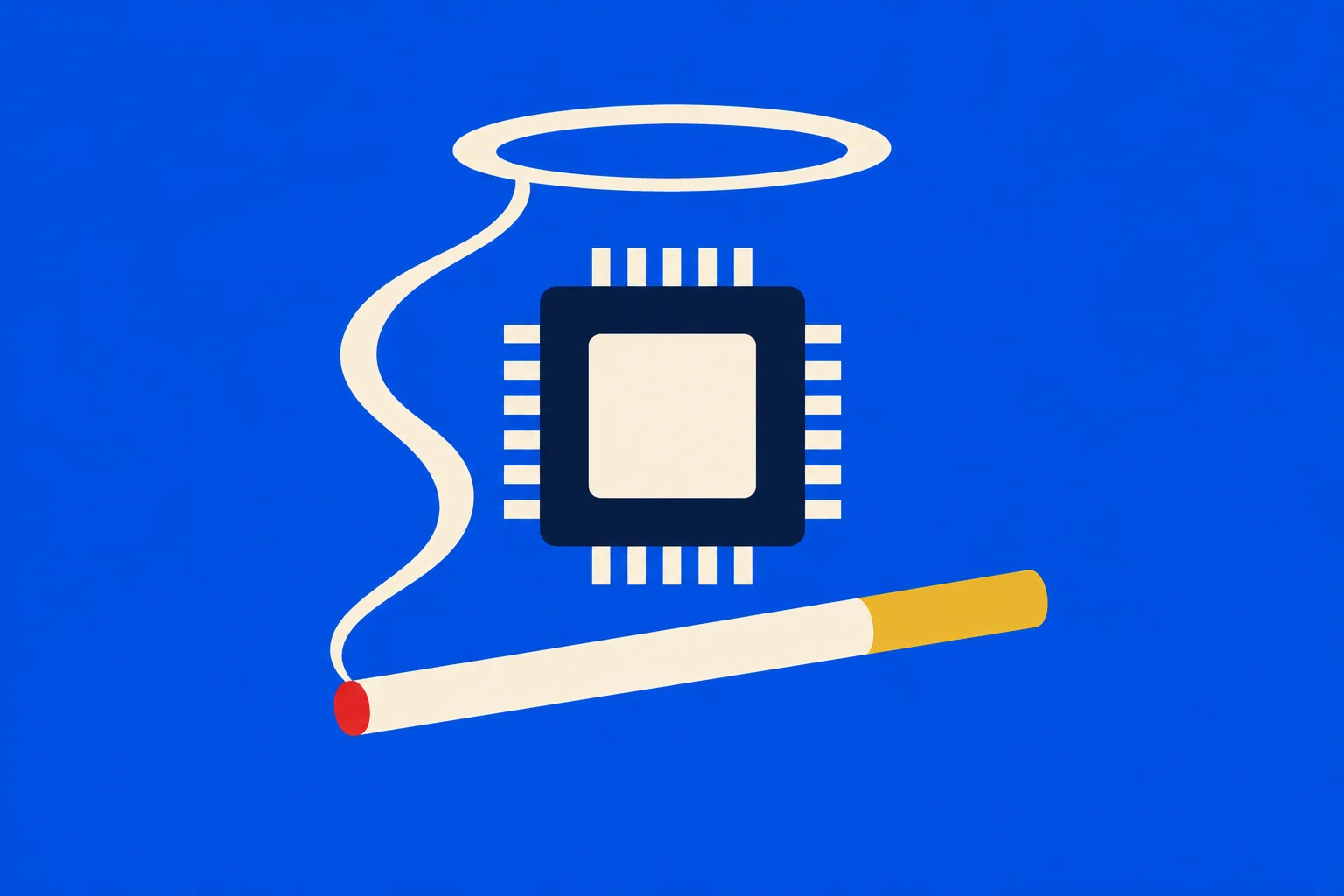 A microchip floats above a lit cigarette, whose curling smoke forms a halo, against a bright blue background.
