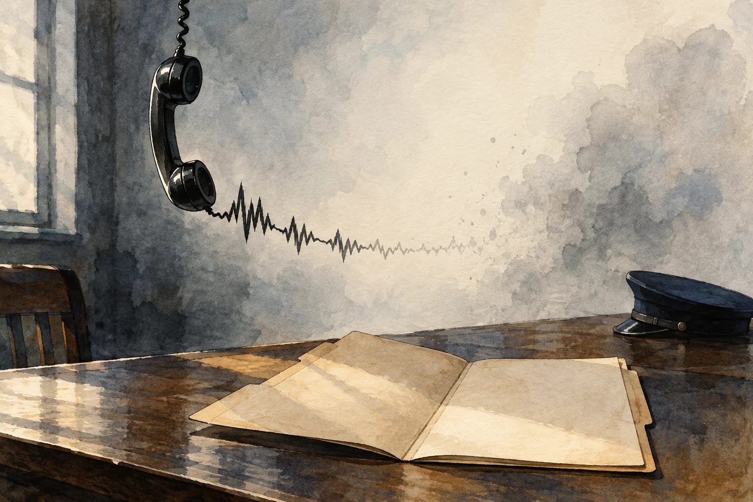 A watercolor scene shows a hanging telephone receiver with a fading waveform above a wooden desk holding an open blank folder and a dark uniform cap.