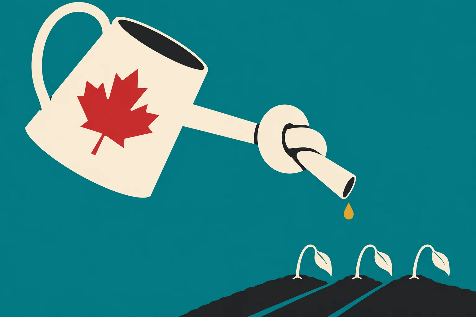 A cream watering can bearing a red maple leaf drips onto three wilted seedlings in dark soil against a teal background.