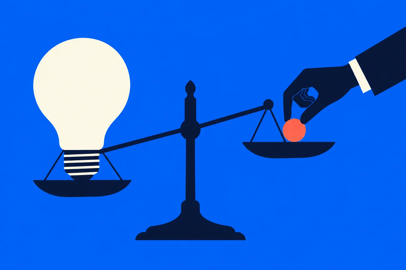 A tilted balance scale weighs a large light bulb against a small orange ball being placed by a hand, on a bright blue background.
