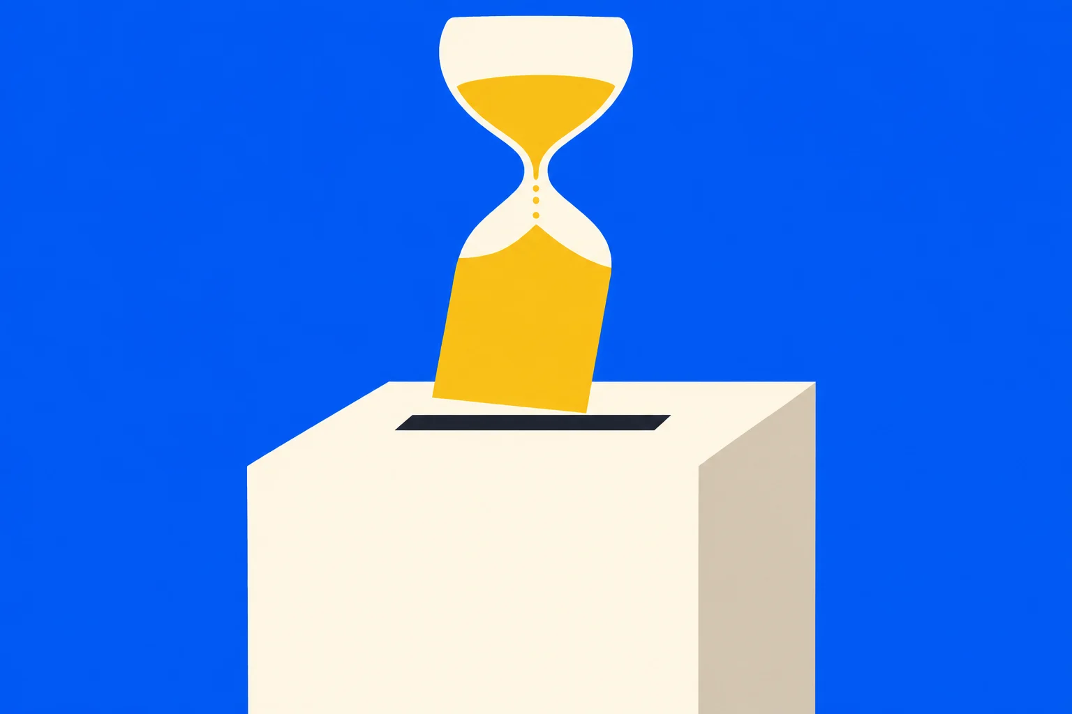 A yellow and cream hourglass shaped like a ballot slips into a cream ballot box against a bright blue background.