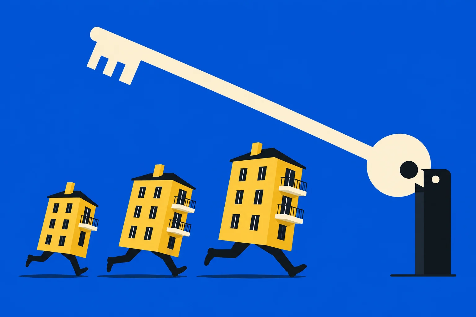 Three yellow apartment buildings with running legs move beneath a giant cream key attached to a black upright lock against a blue background.