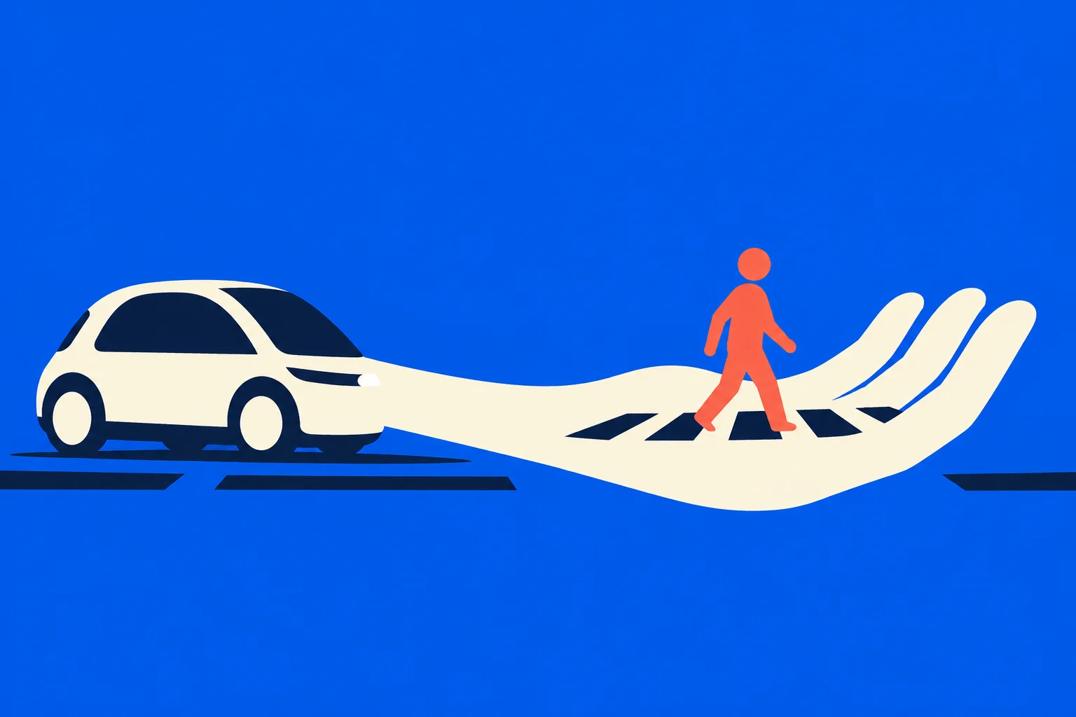 A cream-colored car extends into a giant open hand supporting an orange pedestrian above a crosswalk against a bright blue background.