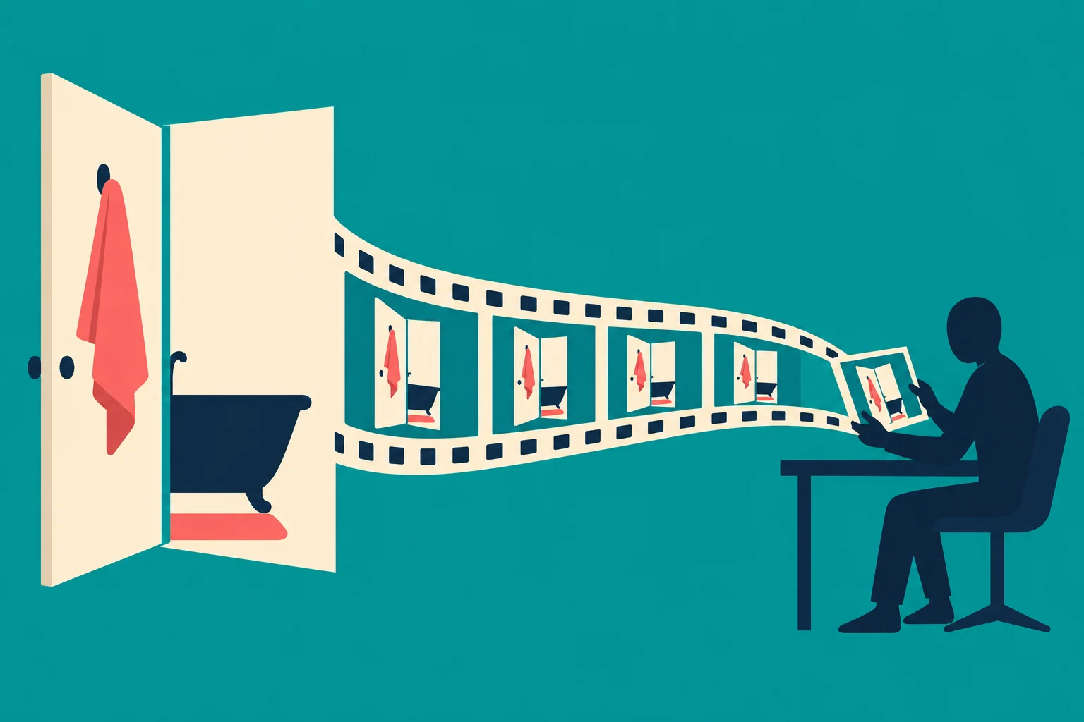 A seated person examines a filmstrip showing repeated views of an open bathroom door, a red towel, and a bathtub against a teal background.
