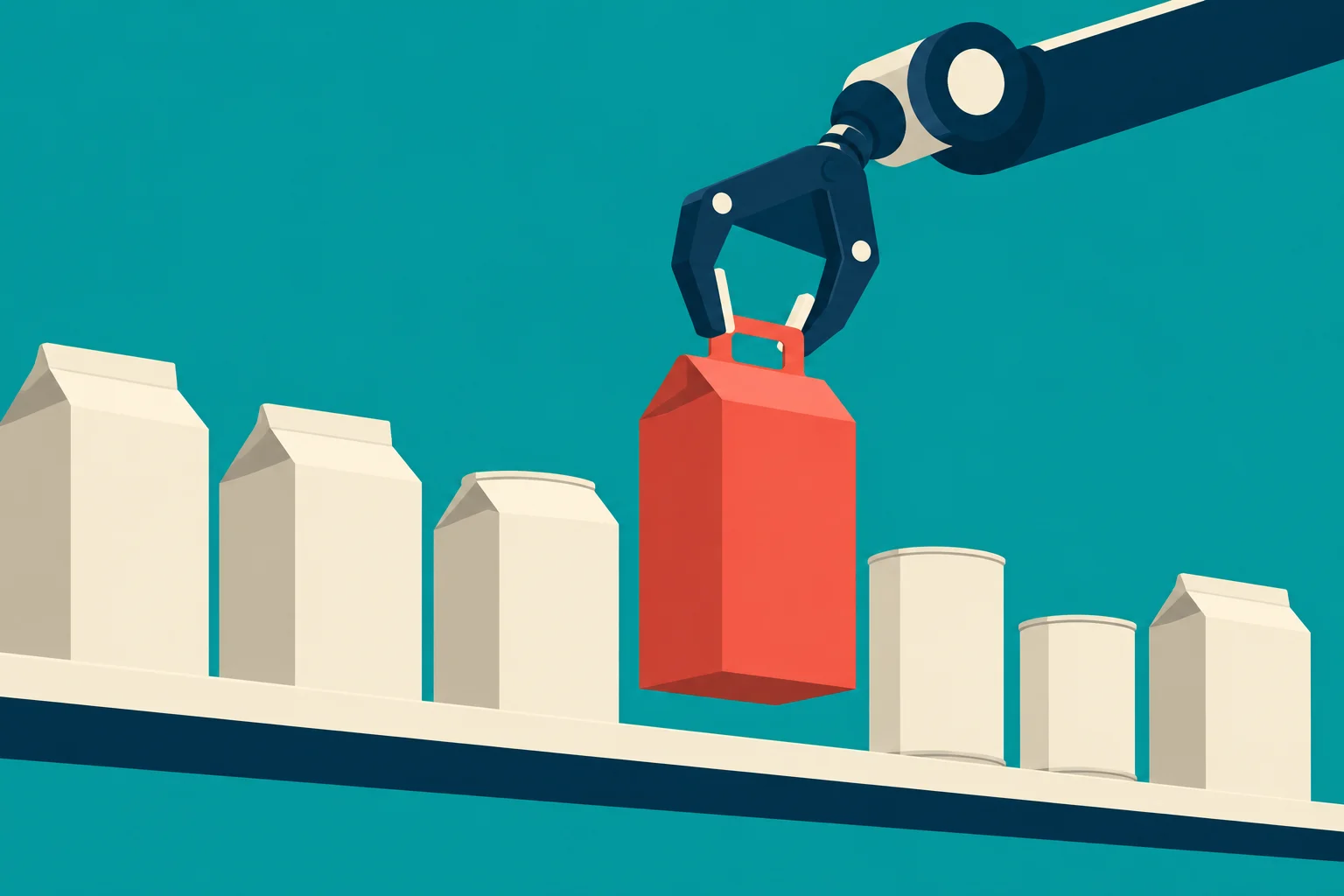 A robotic claw lifts a red carton above a conveyor belt lined with cream-colored cartons and cylindrical containers against a teal background.