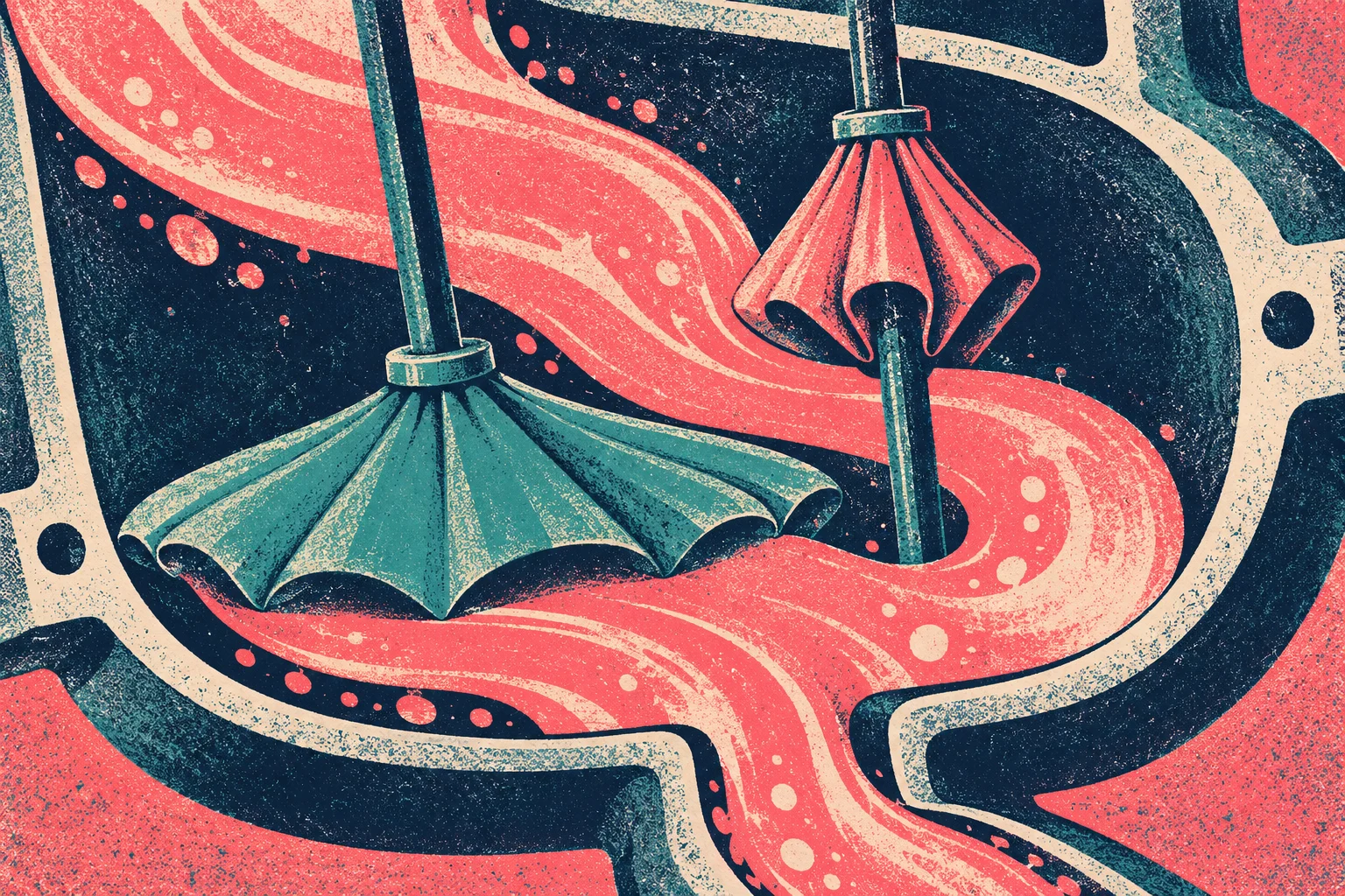 A textured illustration shows two umbrella-shaped mechanical paddles inside a dark chamber, surrounded by flowing coral-red liquid and cream-colored outlines.