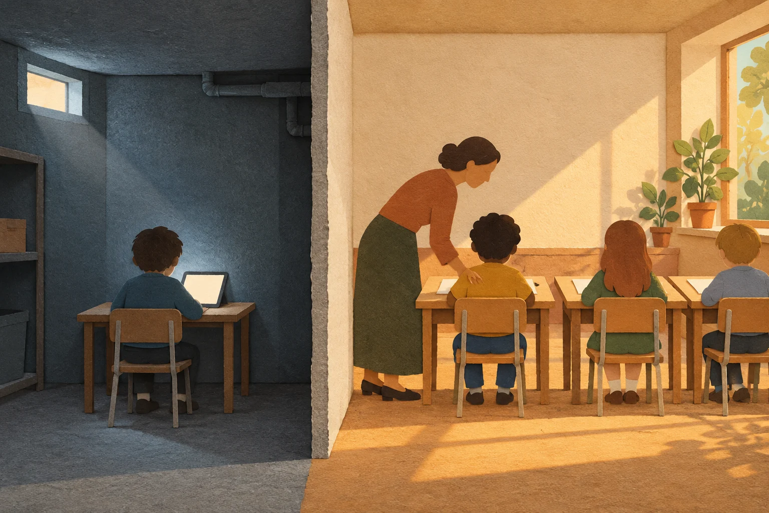 A child sits alone with a tablet in a dark room, separated by a wall from a sunlit classroom where a teacher helps three children.