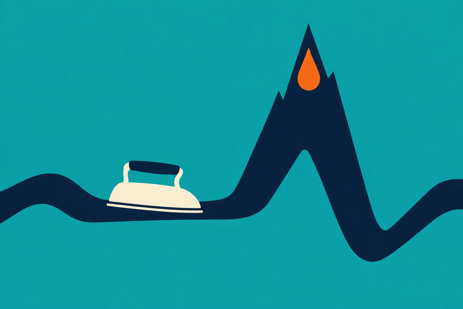 A cream iron rests on a winding navy ribbon that rises into a sharp peak containing an orange droplet, against a teal background.