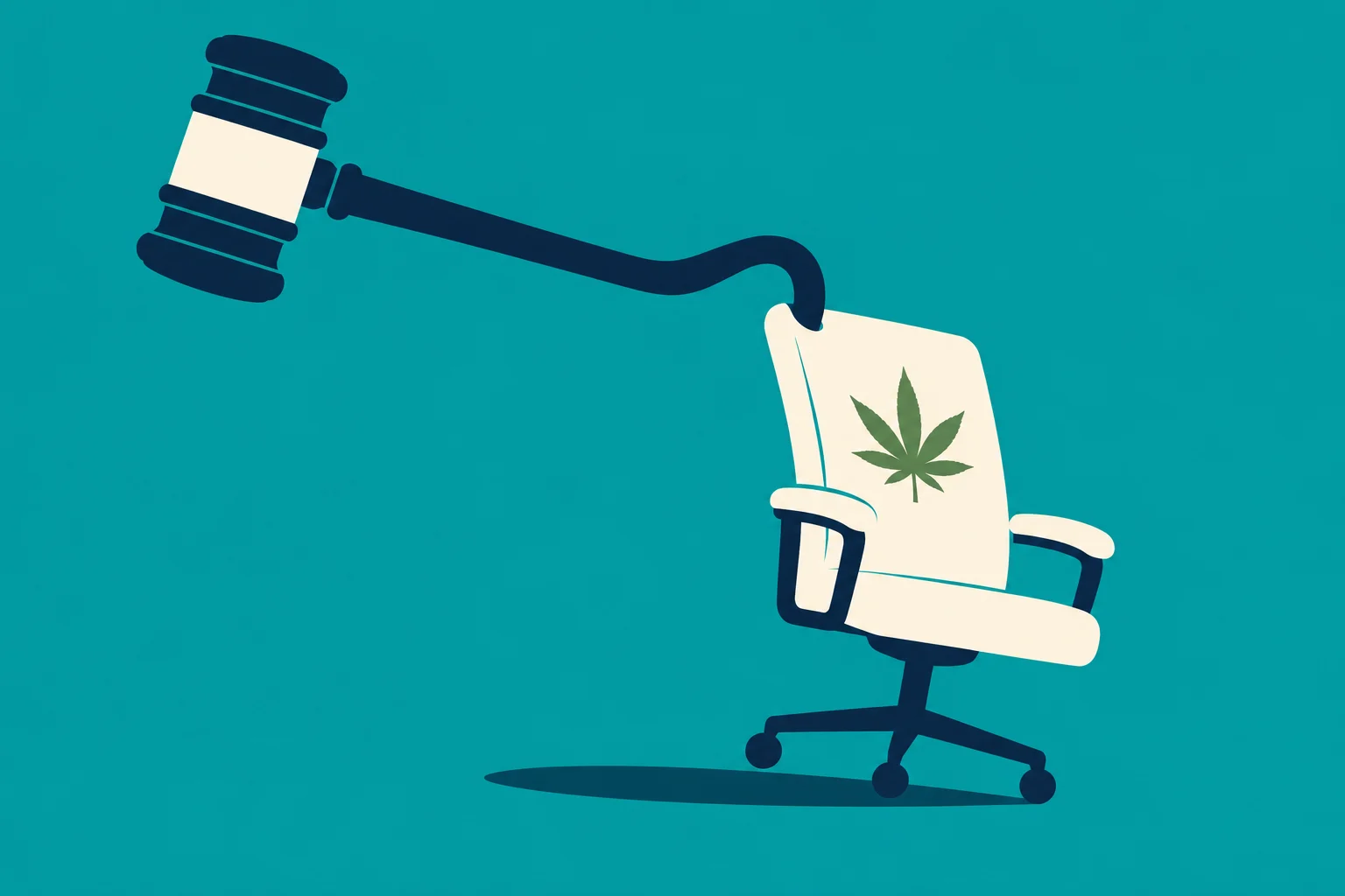 A judge’s gavel with a curved handle connects to a cream office chair bearing a green cannabis leaf against a teal background.