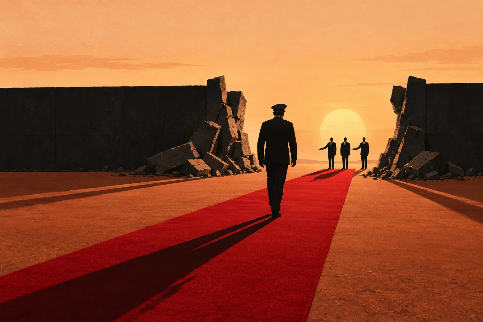 A uniformed man walks along a red carpet through a broken concrete wall toward three suited figures silhouetted against an orange sunset.