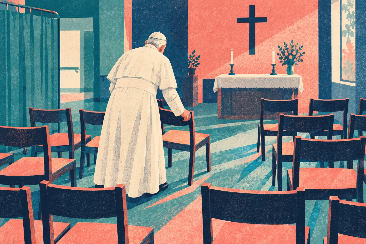 An elderly man in white religious robes steadies himself on a chair in a chapel facing an altar with candles, flowers, and a cross.