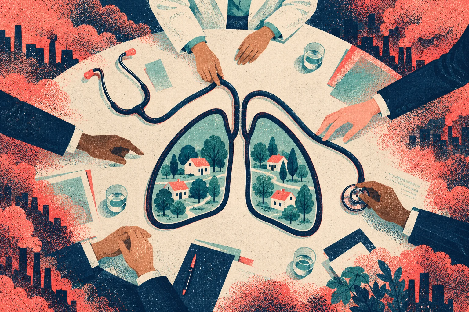 People around a table examine a stethoscope shaped like lungs containing homes and trees, surrounded by factories emitting red smoke.