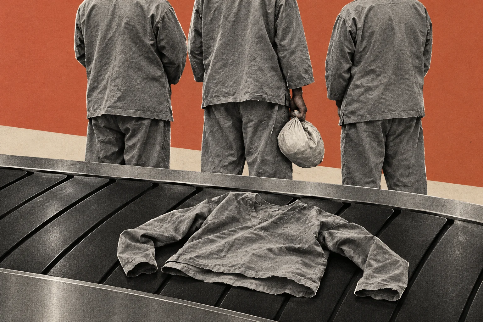 Three people in gray uniforms stand with their backs turned behind a conveyor belt carrying a gray shirt, against an orange background.
