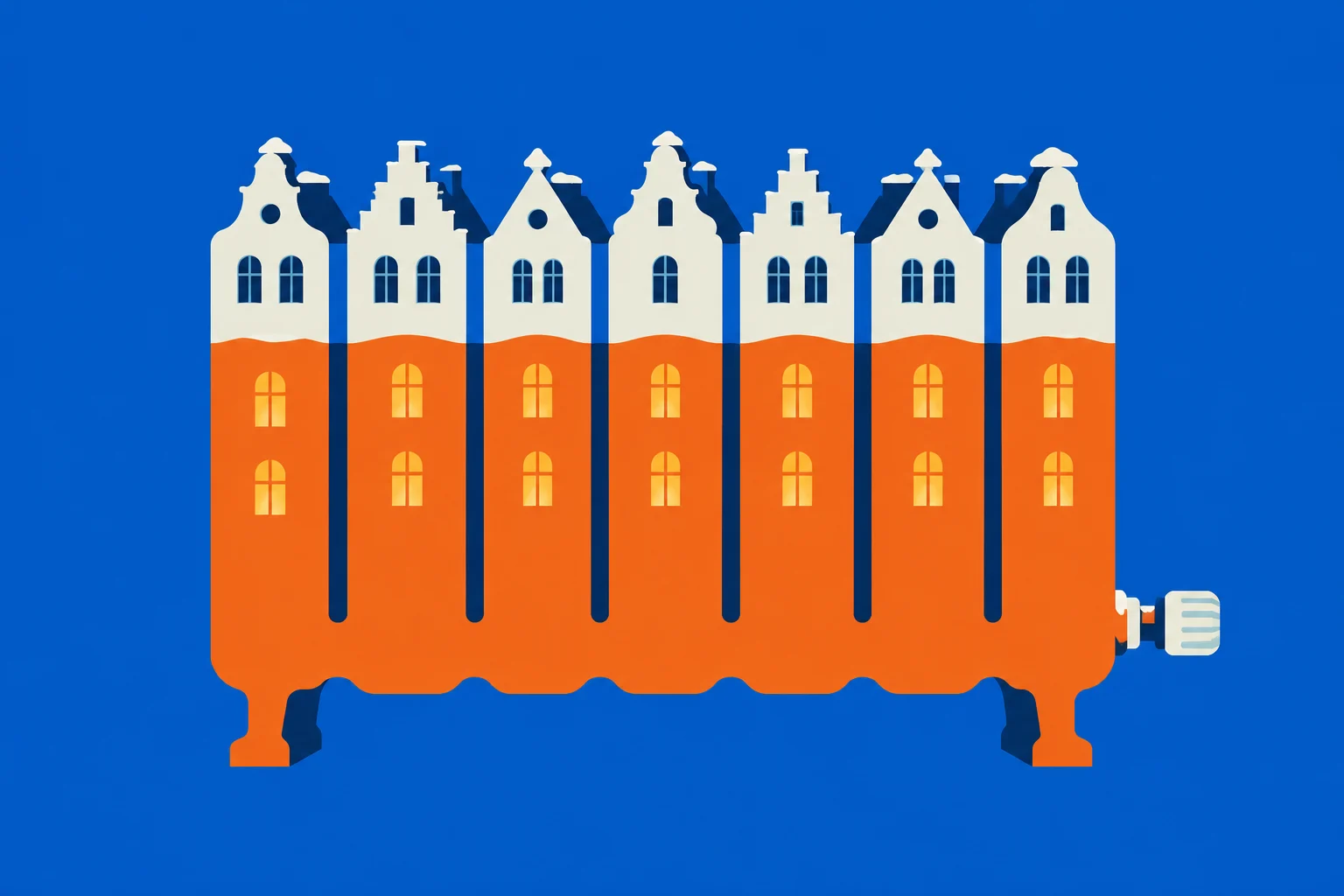 An orange radiator resembles a row of seven cream-topped Dutch canal houses with glowing windows against a blue background.