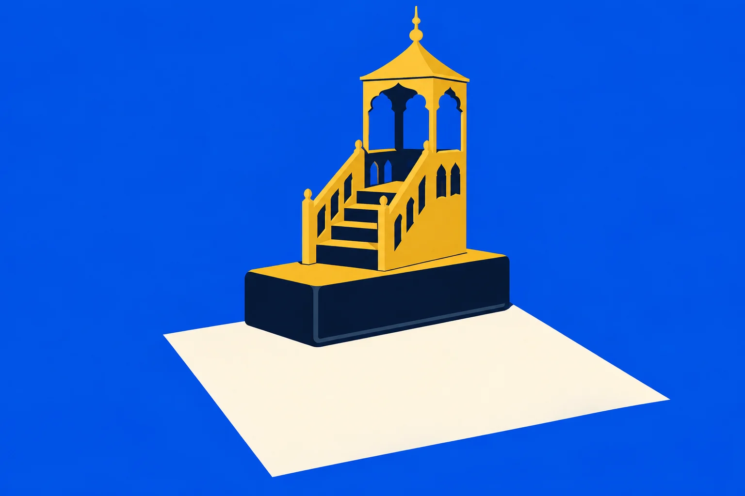 A golden miniature pulpit with stairs, ornate arches, and a pointed canopy stands on a dark pedestal against a bright blue background.