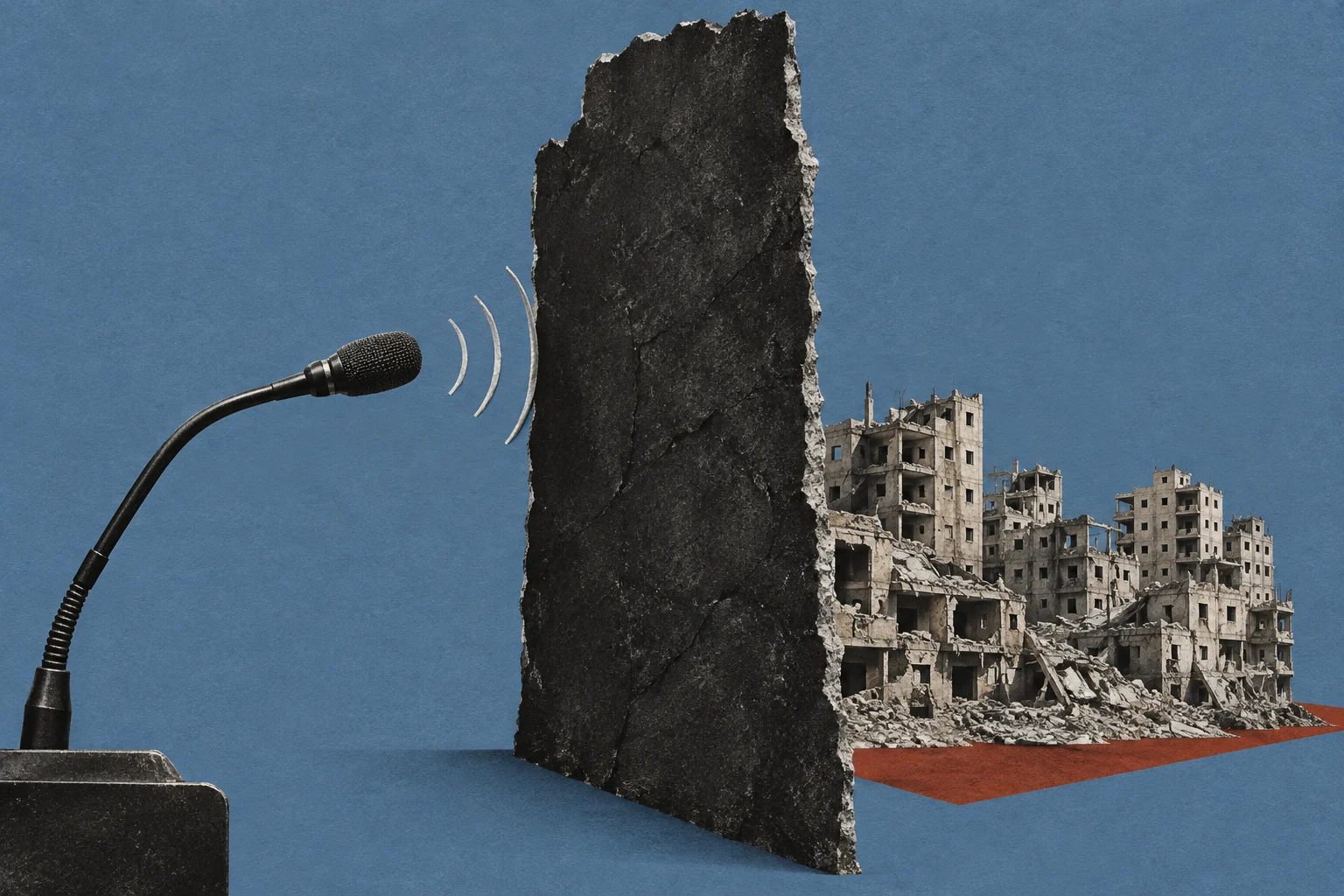 A microphone sends sound waves toward a tall, cracked concrete barrier, with ruined buildings behind it against a blue background.