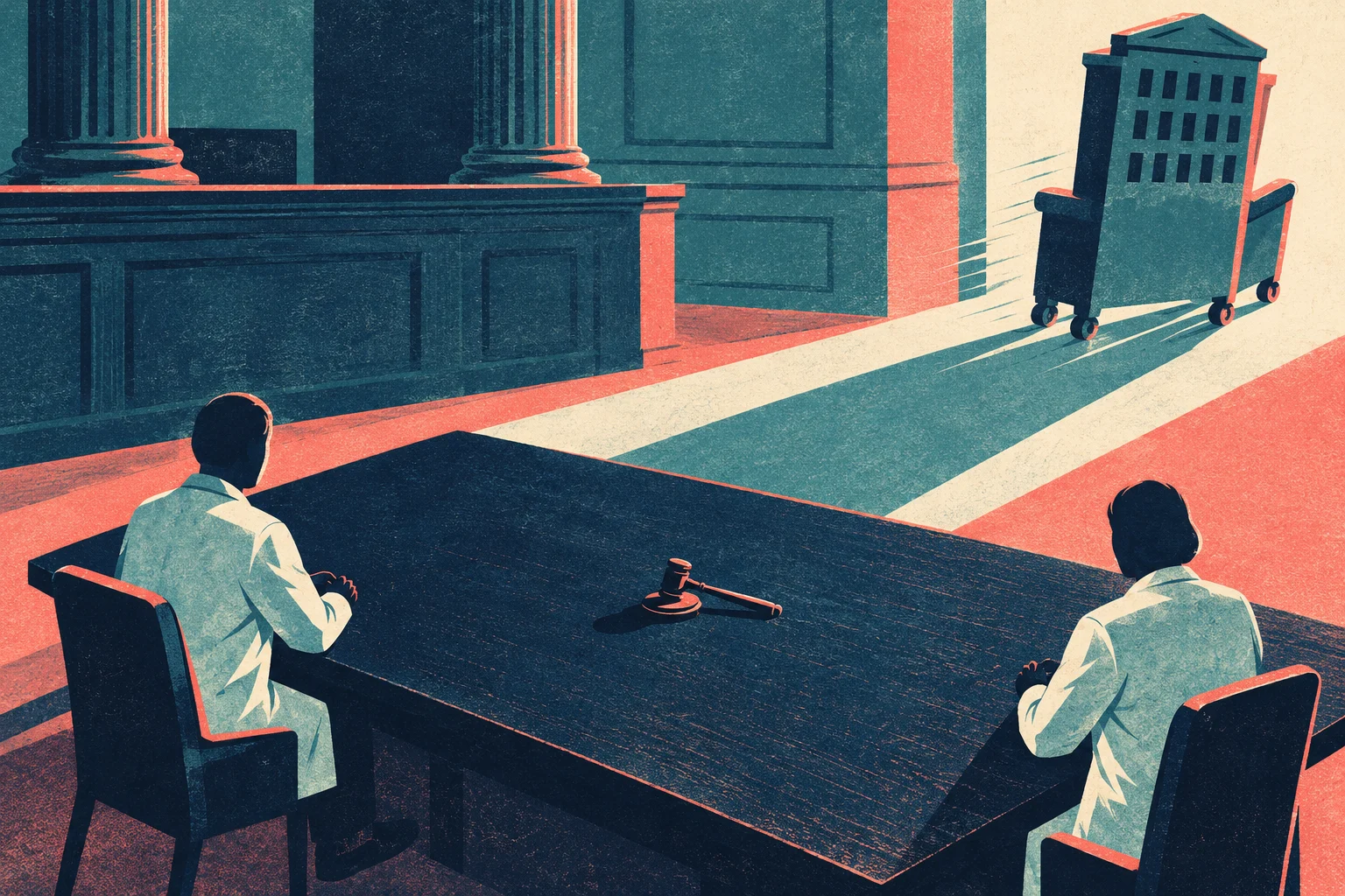Two people sit at a courtroom table with a gavel while a wheeled building rolls toward a brightly lit doorway.