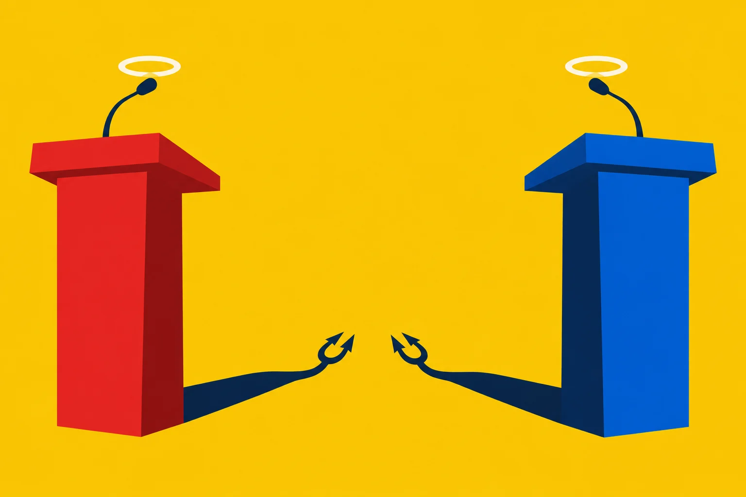 Red and blue podiums face each other against a yellow background, with halos above their microphones and shadows ending in devilish tridents.