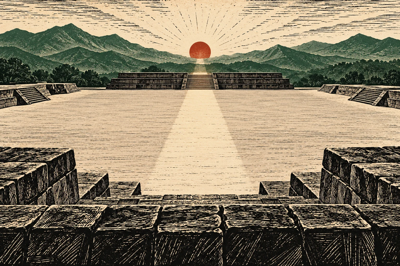 A woodcut-style landscape shows a stone plaza and stepped platforms surrounded by green mountains, with a red sun casting light down the center.