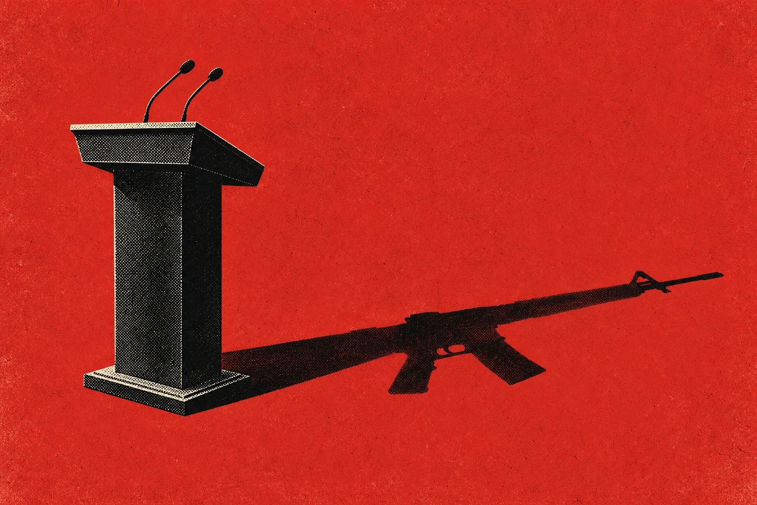 A black podium with two microphones casts a rifle-shaped shadow across a textured red background.