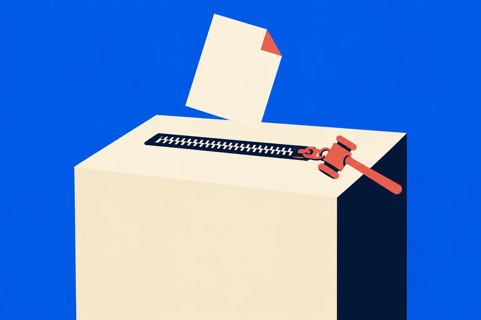 A cream ballot box with a zipper across its top, a red gavel attached to the zipper pull, and a floating ballot against a blue background.