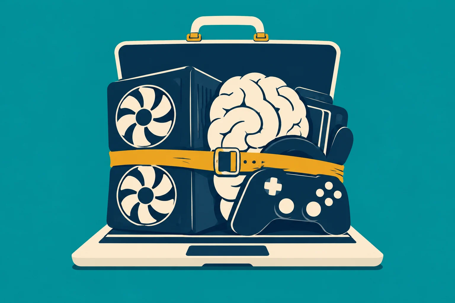 A laptop holds graphics cards, a brain, headphones, and a game controller strapped together with a yellow belt against a teal background.