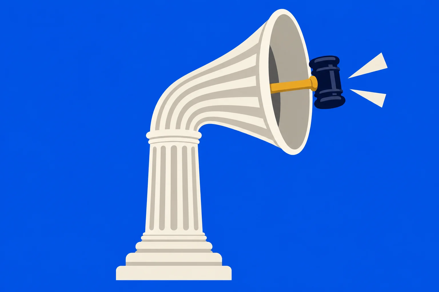 A cream classical column curves into a megaphone with a dark blue gavel at its mouth and two sound rays against a bright blue background.