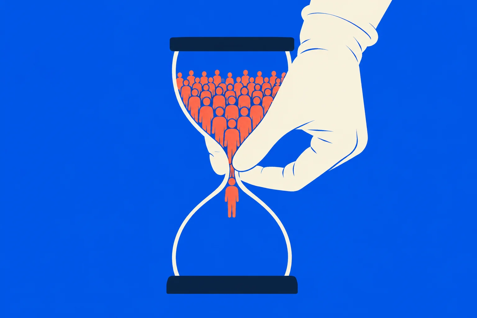 A large hand pinches an hourglass filled with orange human figures, restricting their passage into the lower chamber against a blue background.