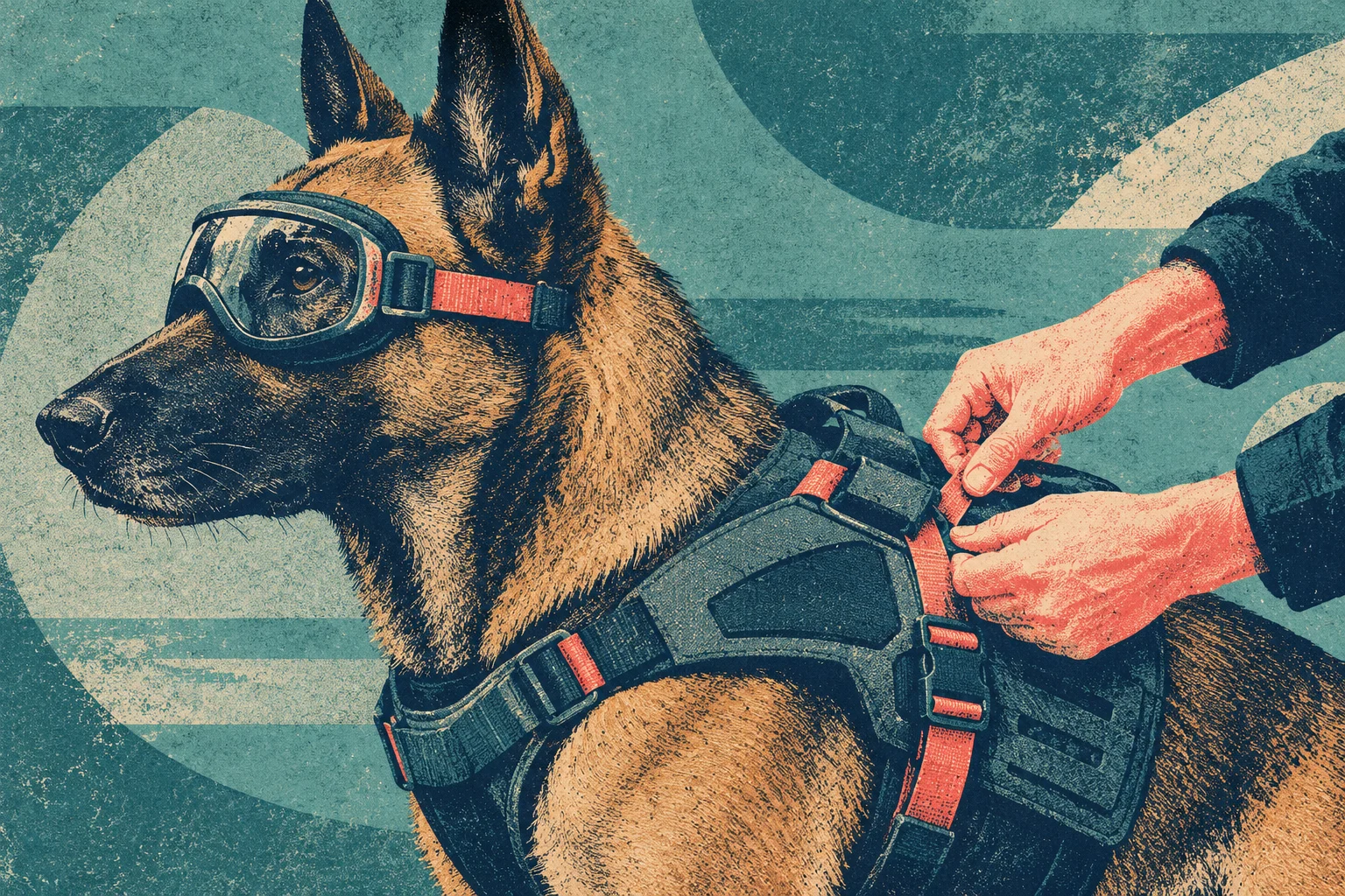 A German shepherd wears protective goggles and a tactical harness while a person adjusts its straps, depicted in a textured teal, tan, and coral illustration.