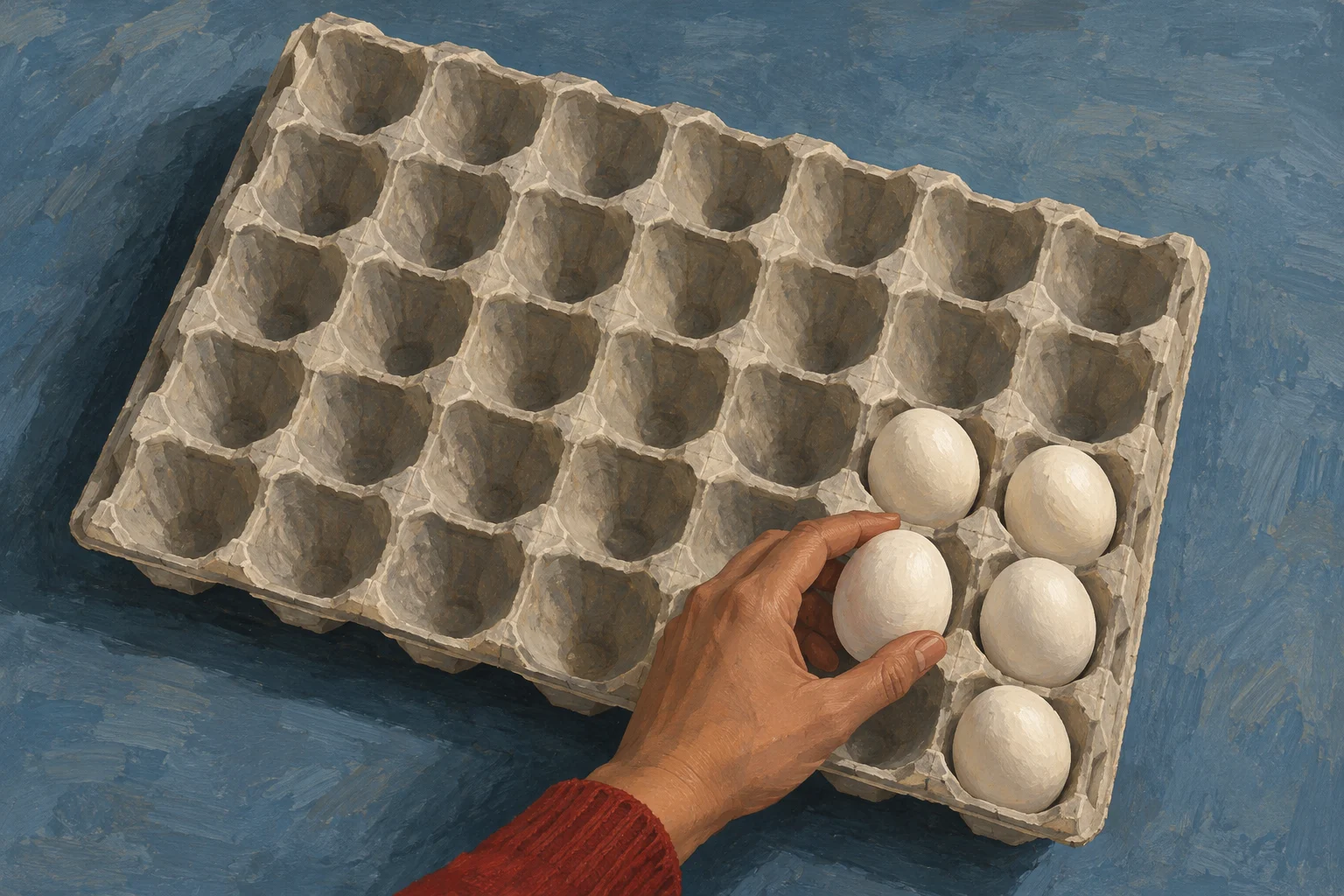 A hand places a white egg into a mostly empty cardboard egg tray on a blue surface, with four other eggs clustered along the right side.