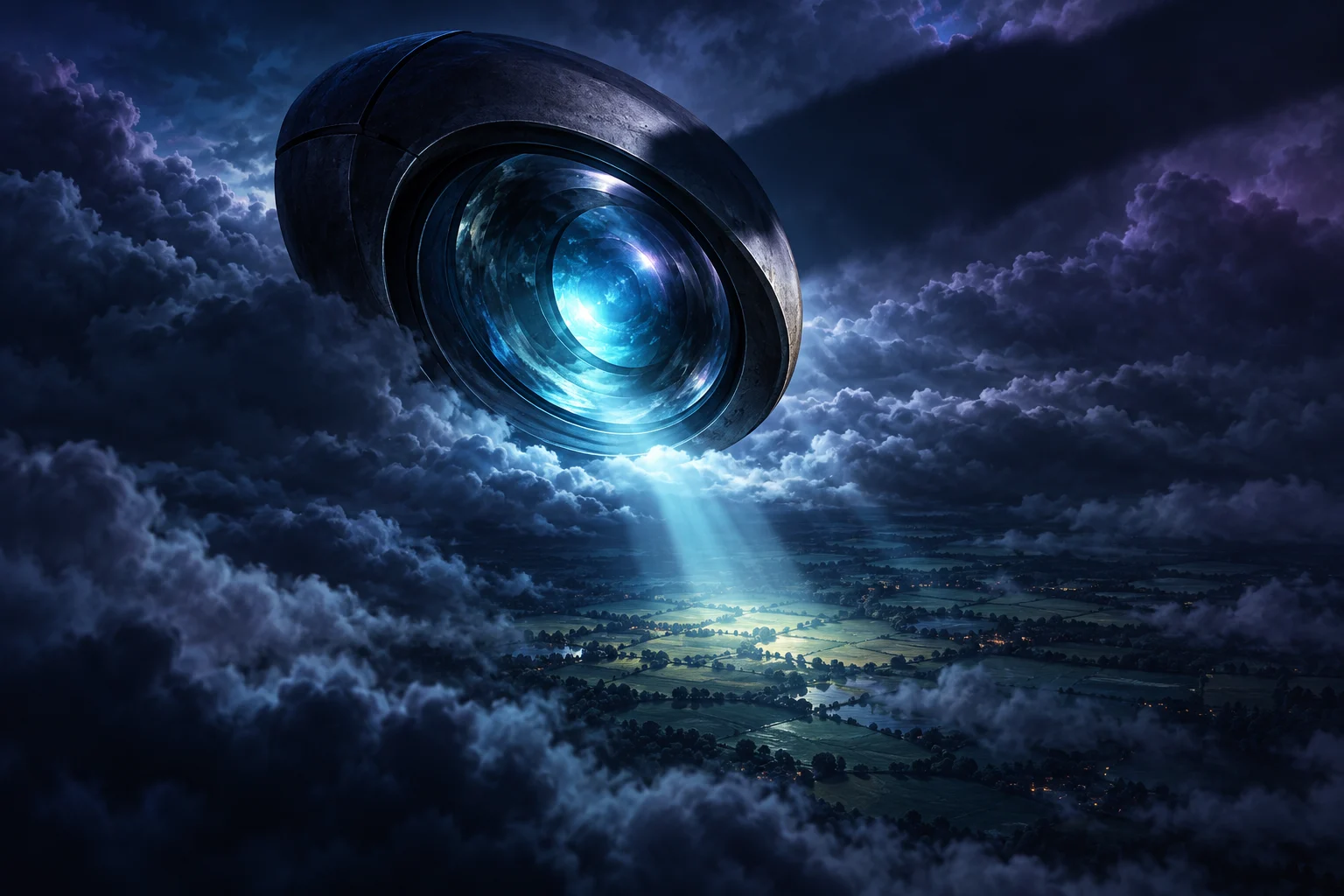 A giant metallic camera lens hovers among dark storm clouds, casting a bright blue beam onto rural fields below.
